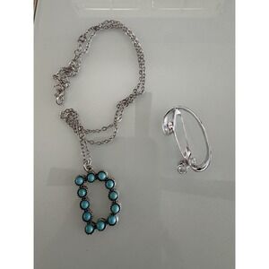 Western Initial D Necklace Faux Turquoise Silvertone Chain Pendant + D Pin